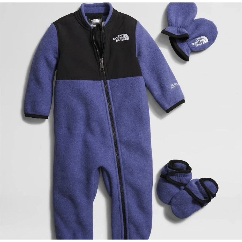 The North Face Baby Denali Coverall Mittens Booties Set Cave Blue Purple 12-18m